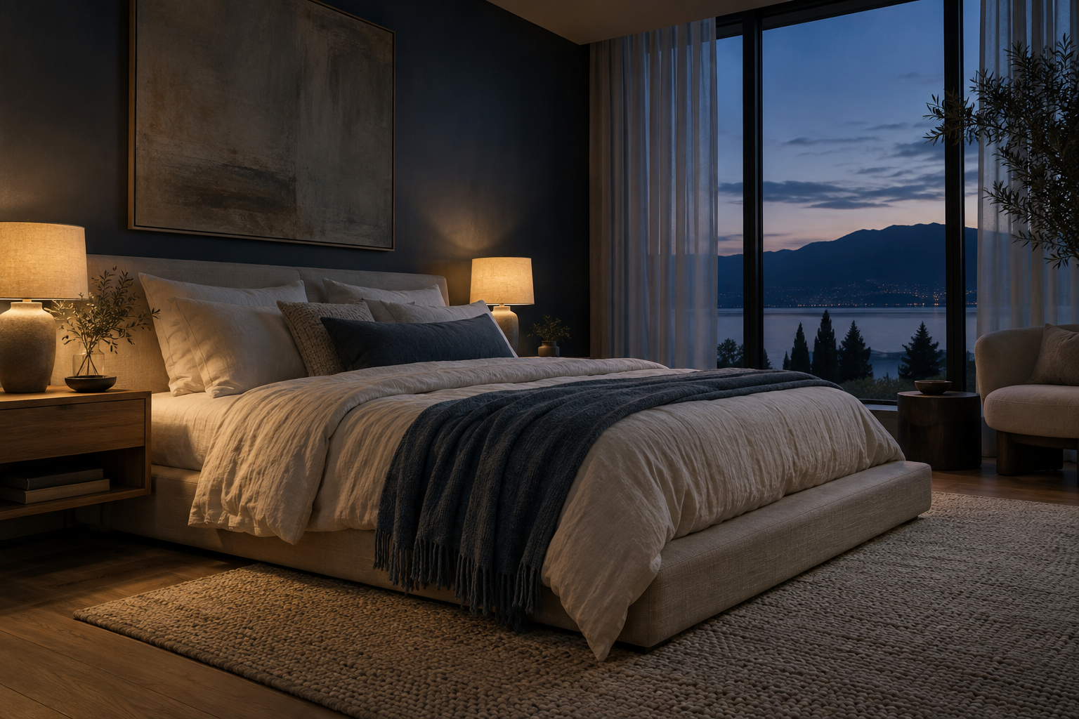 Quiet bedroom at dusk; static fallback for the interactive room